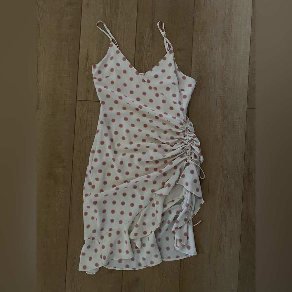 Polka Dot Ruched Dress - White and Pink